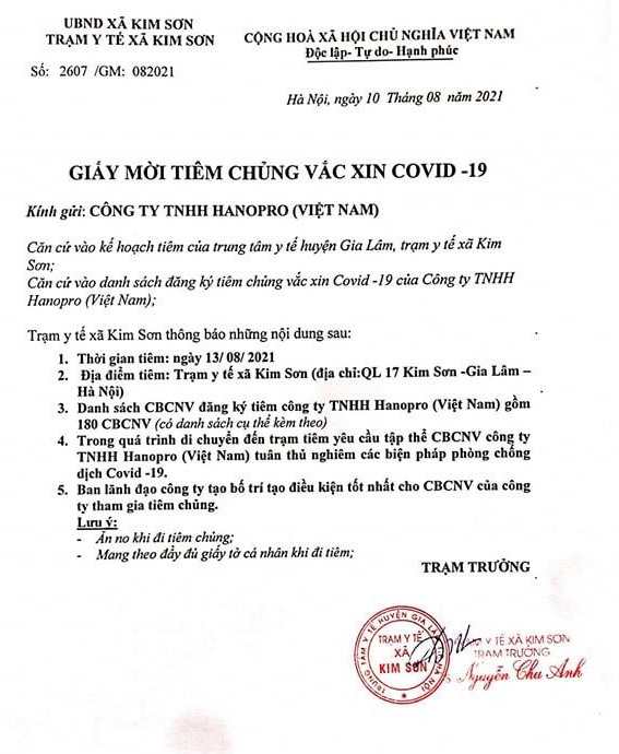 Thông báo Cán bộ công nhân viên Hanopro đi tiêm chủng Vắc xin Covid-19 ngày 13 tháng 8 năm 2021 tại Trạm Y tế xã Kim Sơn.